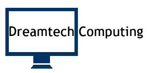 The Dreamtech company logo that has a dark blue computer monitor clipart accompanied by the company name, Dreamtech Computing.